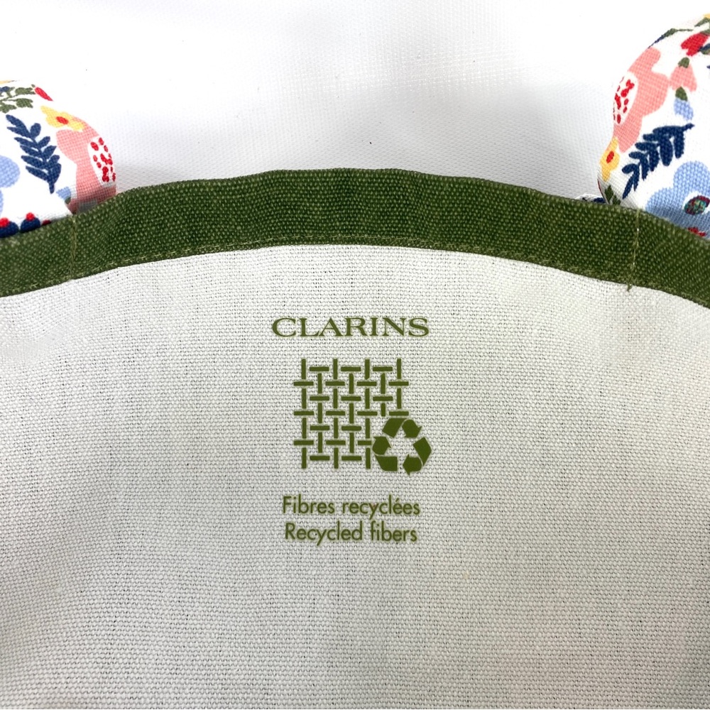 CLARINS Feed Ten Canvas Tote Bag Recycled
Floral Handle White Green - NWT - Picture 10 of 14